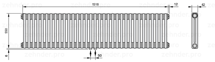 Схема (чертеж) Радиатор Zehnder Charleston 2055/33 №3470 Белый глянцевый RAL 9016